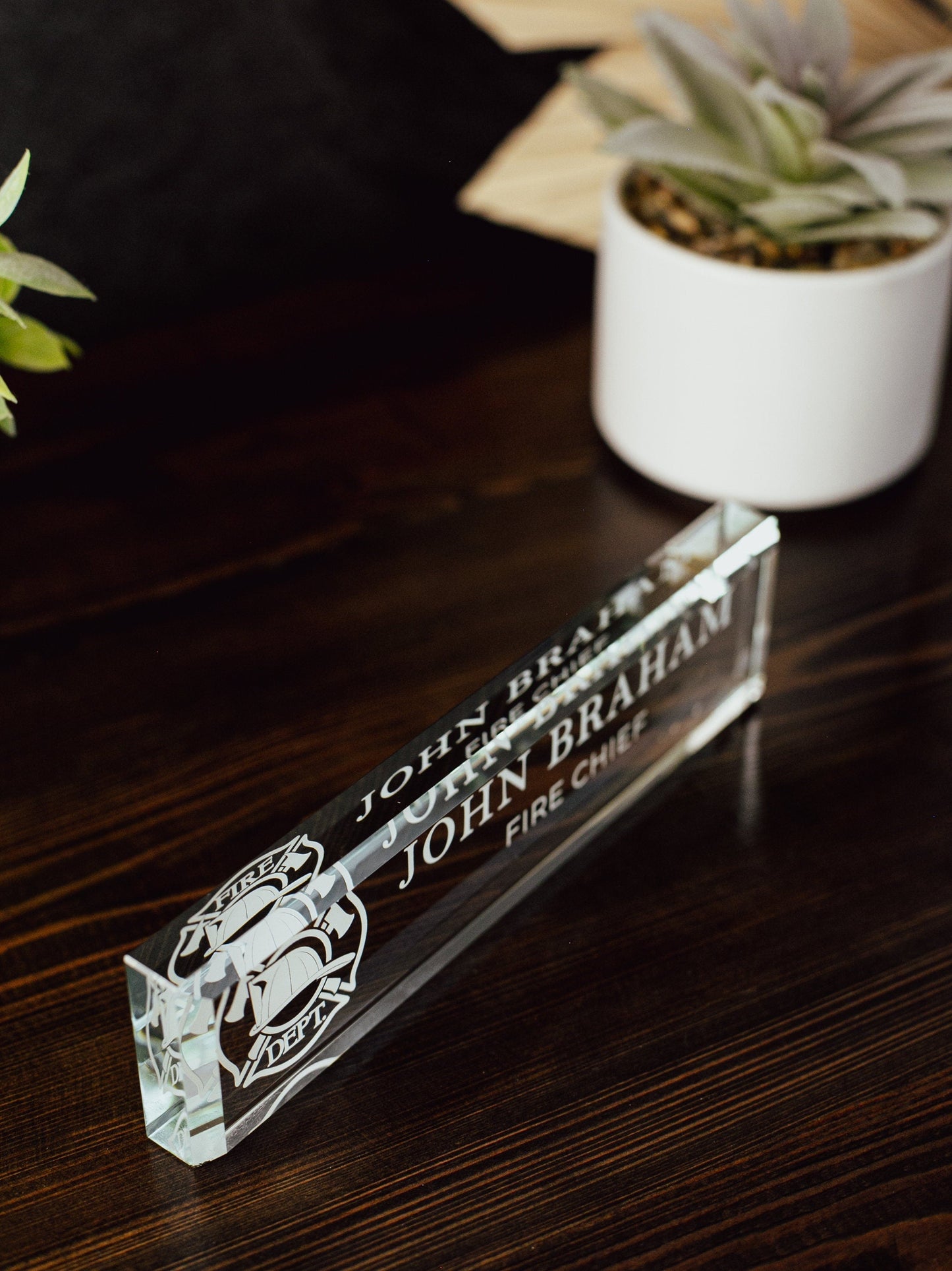 Fireman Glass Office Desk Name Plate, Clear Fire Chief Nameplate, Fire Fighter Appreciation Gift, Fire Academy Grad, City Fire Department