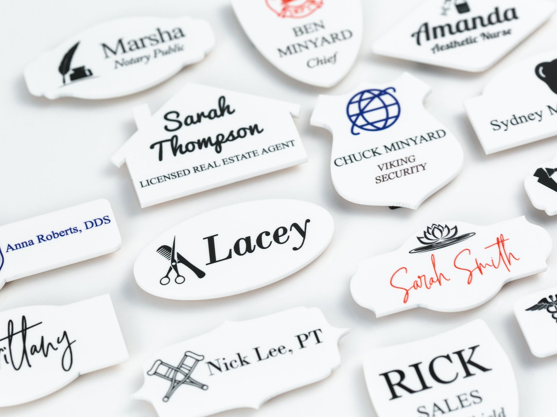 Choose Your SYMBOL White Acrylic Name Badge + Symbol, Personalized Business Tag + Icon, Magnetic Backing Customized for Office Employee