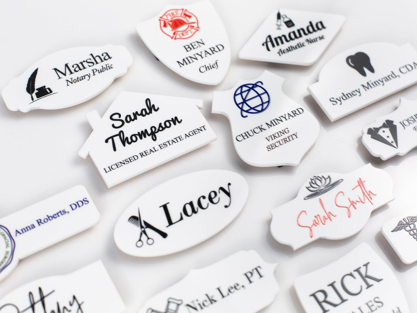 Choose Your SYMBOL White Acrylic Name Badge + Symbol, Personalized Business Tag + Icon, Magnetic Backing Customized for Office Employee