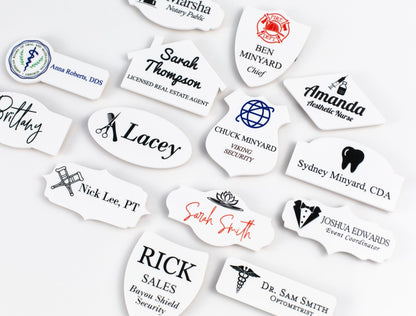 Choose Your SYMBOL White Acrylic Name Badge + Symbol, Personalized Business Tag + Icon, Magnetic Backing Customized for Office Employee