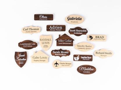 Custom Shapes Birch and Walnut Acrylic Name Badges