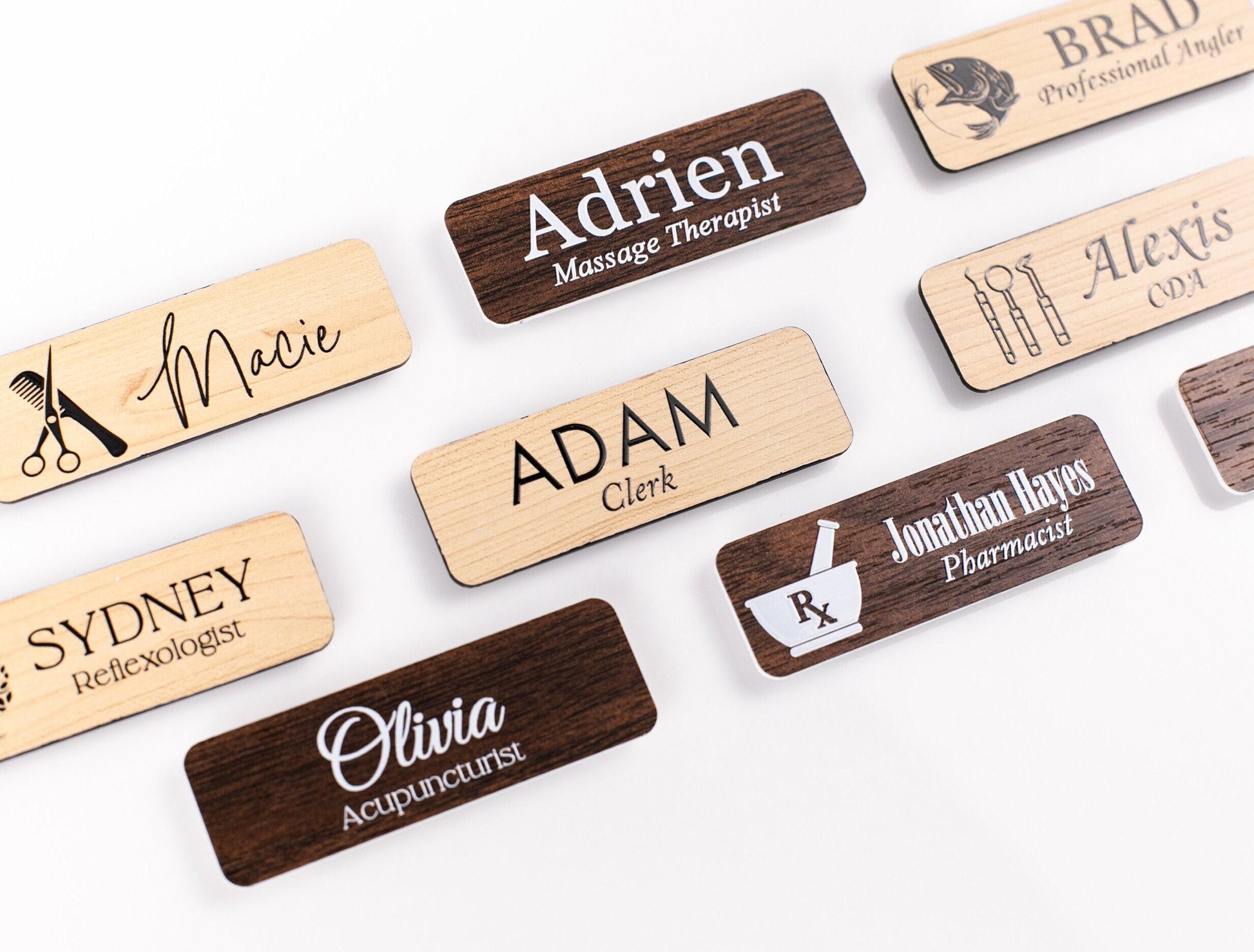 Custom Wording Walnut Acrylic Name Badge + Symbol, Personalized Business Tag With Icon, Magnetic Backing Customized for Office Employee