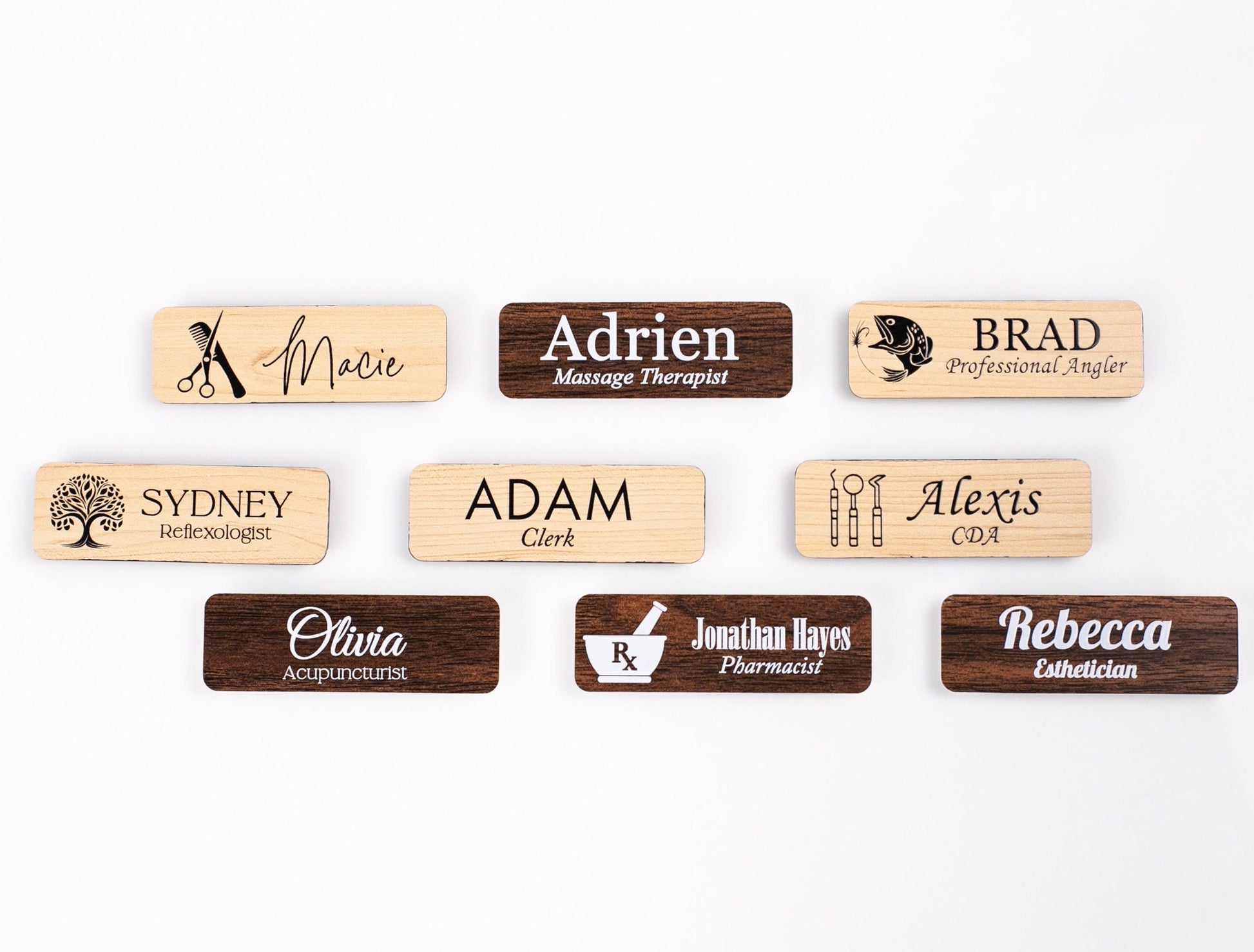 Custom Wording Walnut Acrylic Name Badge + Symbol, Personalized Business Tag With Icon, Magnetic Backing Customized for Office Employee