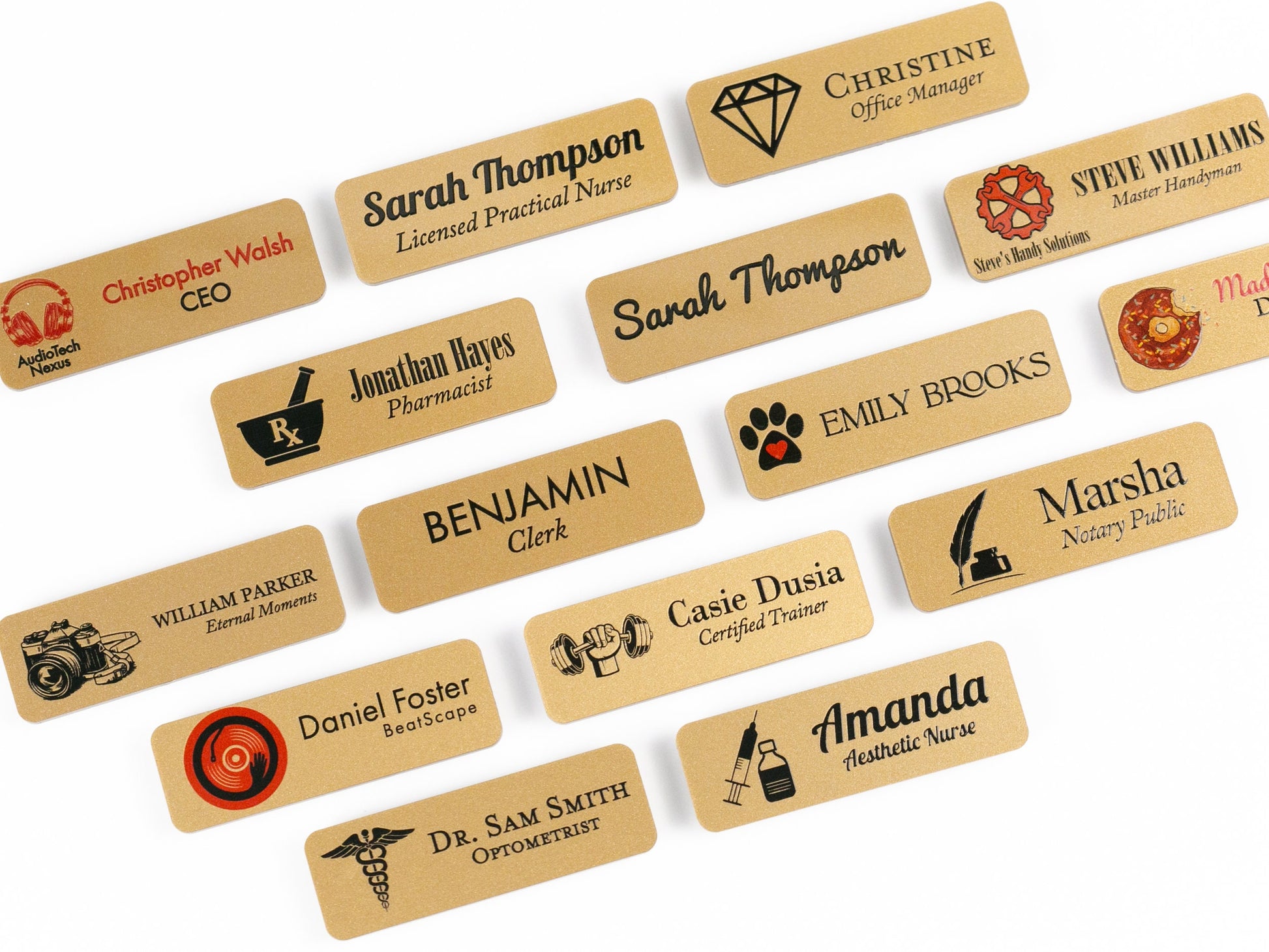 FULL COLOR Gold Acrylic Name Badge + Symbol, Personalized Acrylic Business Tag With Icon, Magnetic Backing Customized for Office Employee