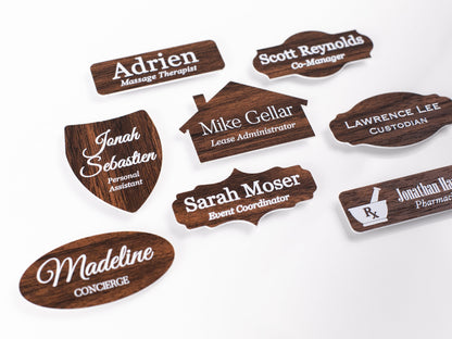 Choose Your SYMBOL Walnut Acrylic Name Badge + Symbol, Personalized Business Tag + Icon, Magnetic Backing Customized for Office Employee