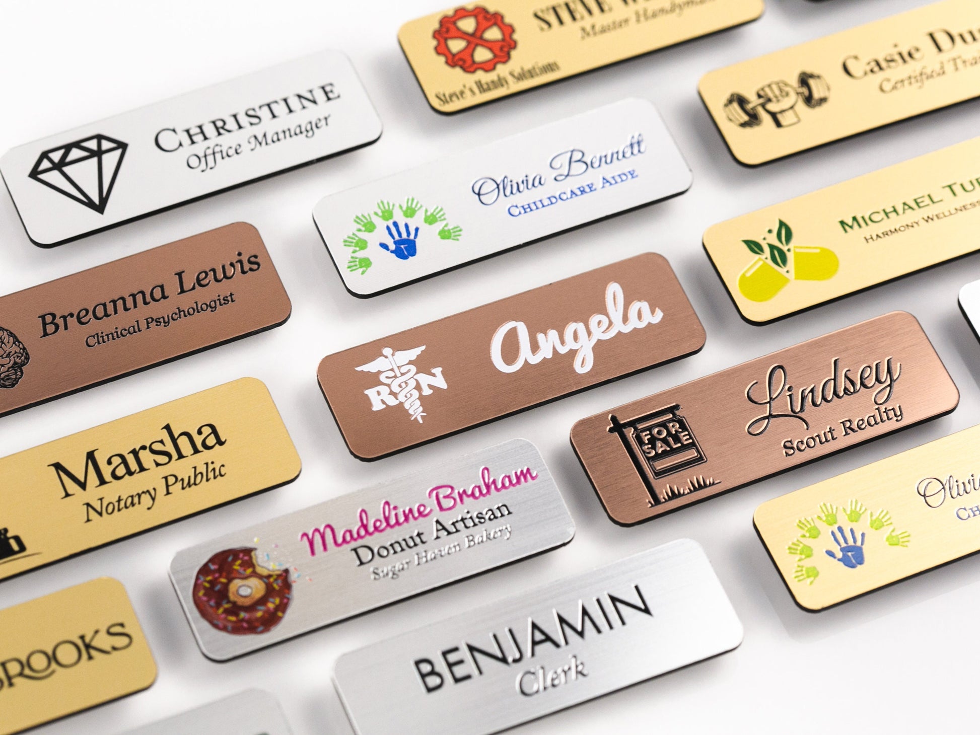 Choose Your SYMBOL Gold, Silver, Copper Acrylic Name Badge + Symbol, Personalized Business Tag + Icon, Custom Logo for Office Employees