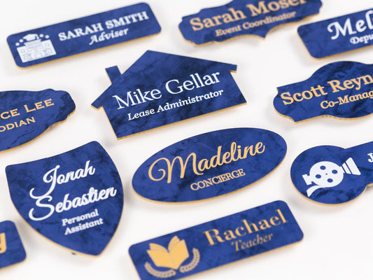 Choose Your SYMBOL Blue Marble Acrylic Name Badge + Symbol, Personalized Business Tag + Icon, Custom Logo for Office Employees