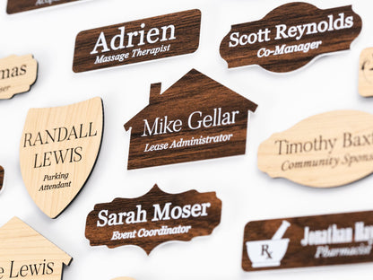 Custom Shapes Birch and Walnut Acrylic Name Badges