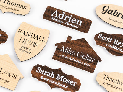 Custom Shapes Birch and Walnut Acrylic Name Badges