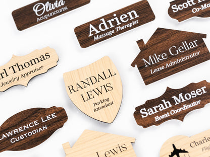 Custom Shapes Birch and Walnut Acrylic Name Badges