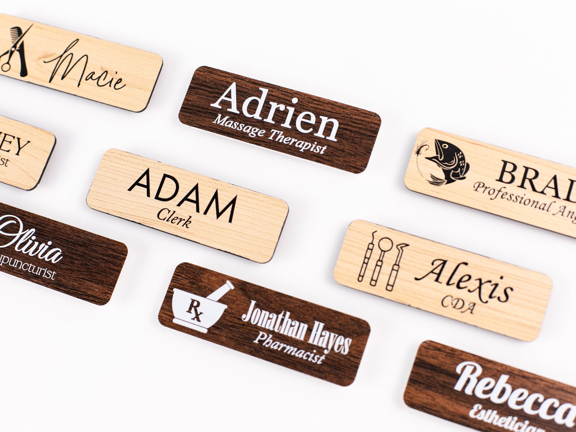 Custom Wording Walnut Acrylic Name Badge + Symbol, Personalized Business Tag With Icon, Magnetic Backing Customized for Office Employee