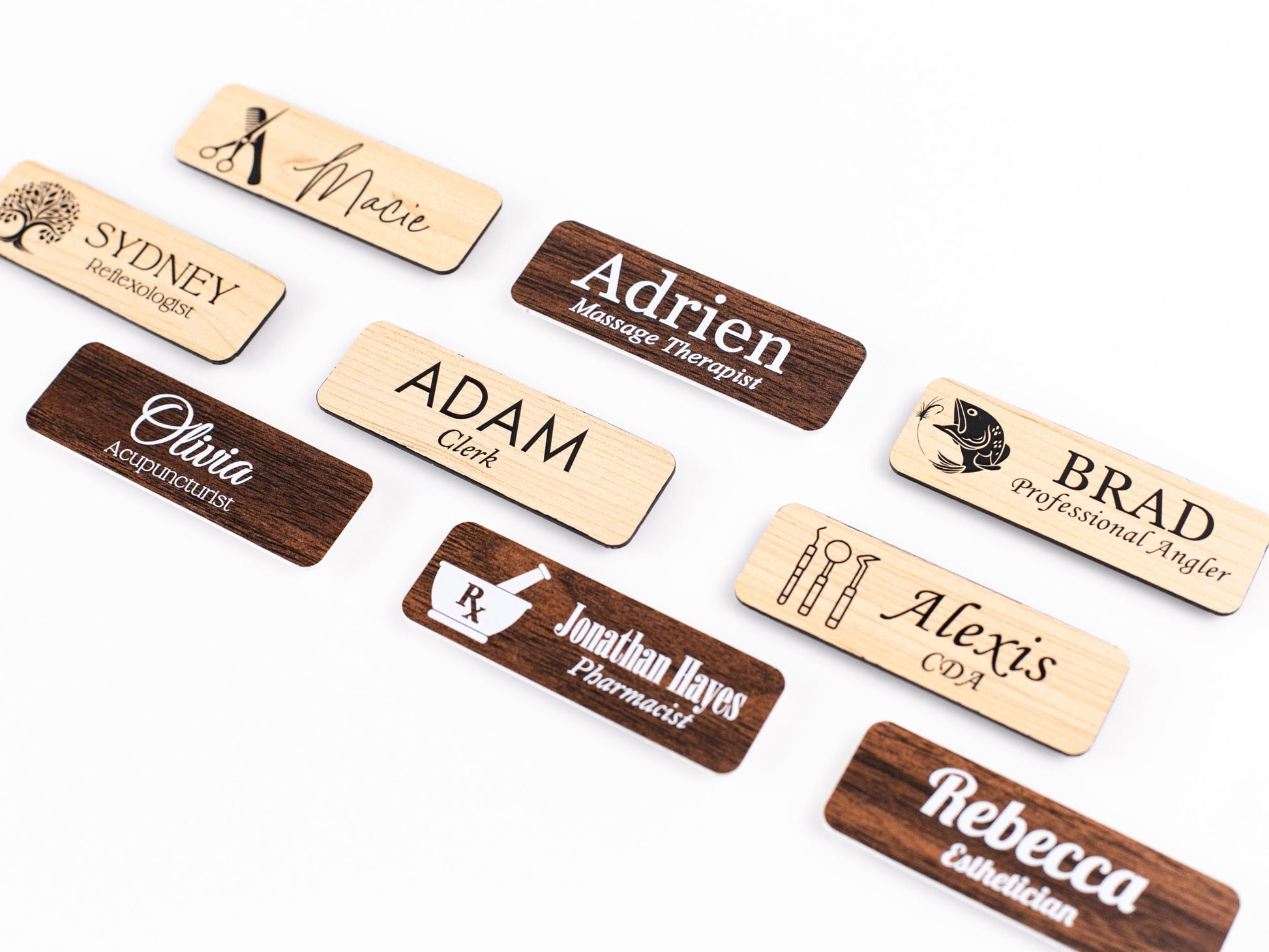 Custom Wording Walnut Acrylic Name Badge + Symbol, Personalized Business Tag With Icon, Magnetic Backing Customized for Office Employee