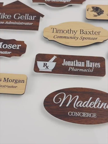 Custom Shapes Birch and Walnut Acrylic Name Badges